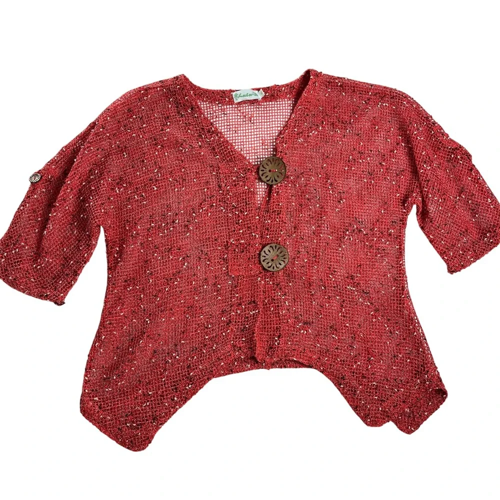 Kalu-B‎ Mesh Knit Cardigan Red Textured Cropped Boho Lightweight M